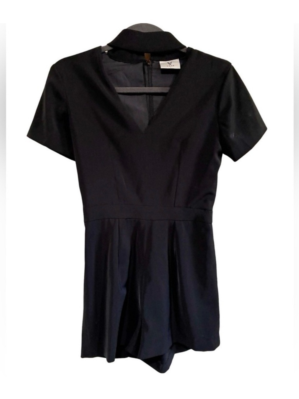 Anthropologie Vone Short Sleeve Black Romper with Choker Collar